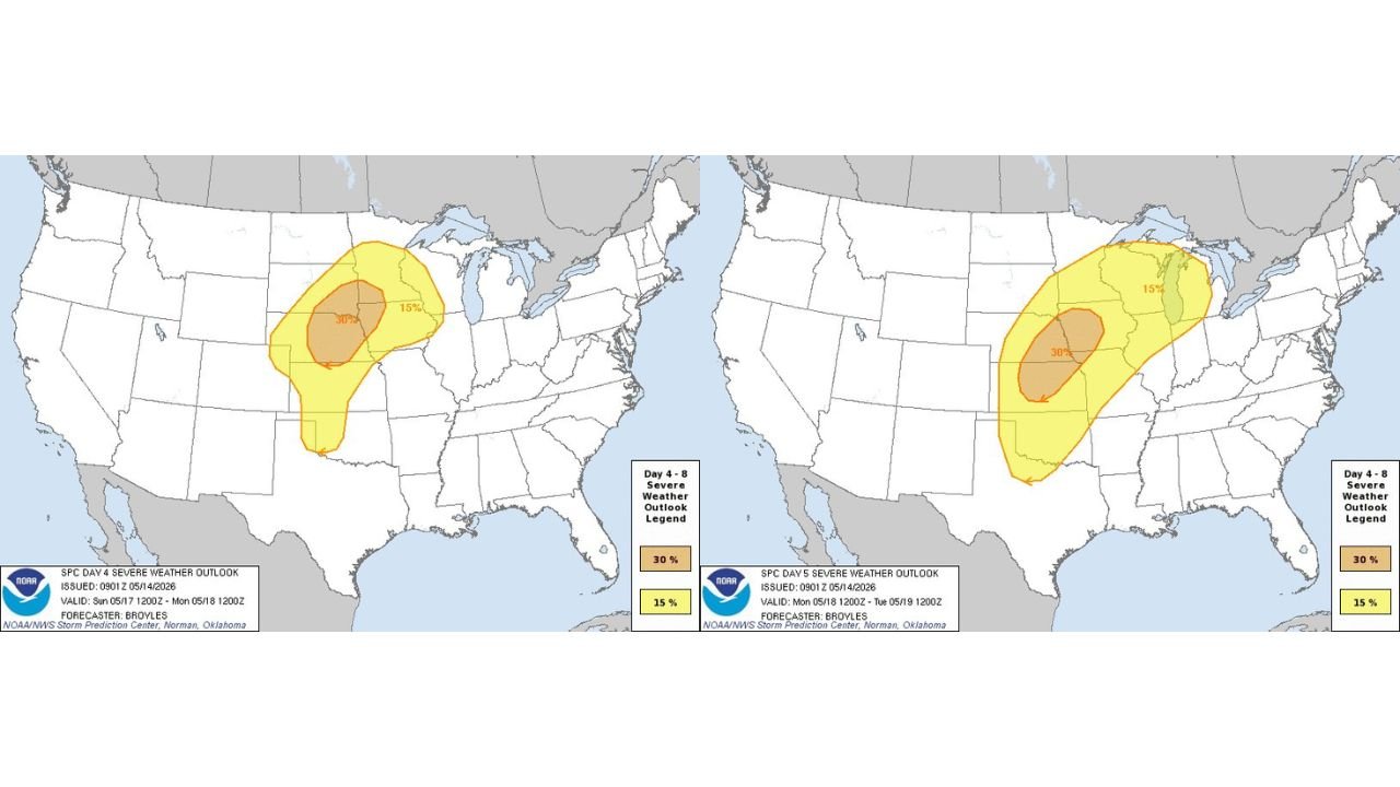 SPC Raises Sunday and Monday to 30% Severe Outbreak Risk Across Kansas, Nebraska, Iowa and Illinois With Tornadoes, Large Hail and Damaging Winds Likely Both Days May 17-18