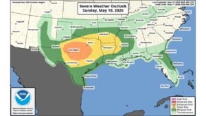 San Angelo, Dallas, Shreveport, Houston, and San Antonio Face Enhanced Risk Severe Storms Sunday May 10 With Very Large Hail, Tornadoes, and 75 MPH Wind Gusts After Dark