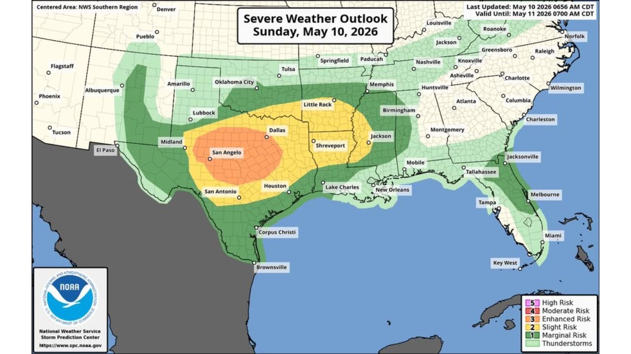 San Angelo, Dallas, Shreveport, Houston, and San Antonio Face Enhanced Risk Severe Storms Sunday May 10 With Very Large Hail, Tornadoes, and 75 MPH Wind Gusts After Dark