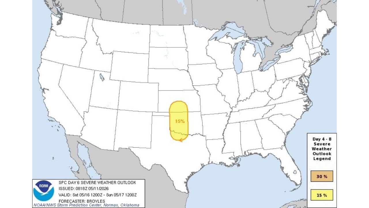 Saturday May 16, Kansas, Oklahoma, and North Texas Face a 15% Slight Risk as SPC Introduces Day 6 Severe Weather Outlook With Damaging Winds and Large Hail Possible if Storms Form