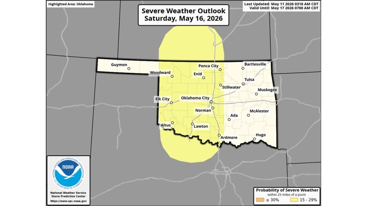 Saturday May 16, Oklahoma City, Norman, Enid, Lawton, and Altus Face a 15% Severe Weather Risk as All Hazards Remain Possible Across North Texas, Central Oklahoma, and South Central Kansas