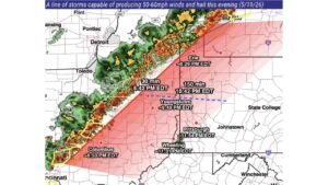 Severe Storm Line With 50 to 60 MPH Winds and Hail Targeting Ohio Pennsylvania and West Virginia Including Columbus by 8:53 PM Erie by 8:29 PM Youngstown by 9:49 PM and Pittsburgh by 11:54 PM Tuesday