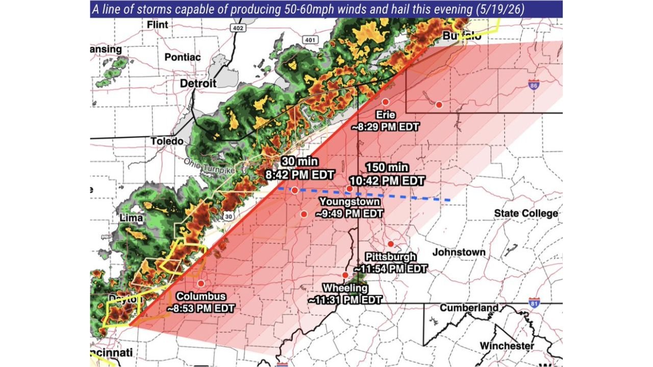 Severe Storm Line With 50 to 60 MPH Winds and Hail Targeting Ohio Pennsylvania and West Virginia Including Columbus by 8:53 PM Erie by 8:29 PM Youngstown by 9:49 PM and Pittsburgh by 11:54 PM Tuesday