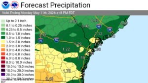 Southeast Georgia and Southeast South Carolina Face Scattered Showers Saturday With Widespread Rain and Storms Sunday Night Through Monday and Up to 2.49 Inches Through May 11