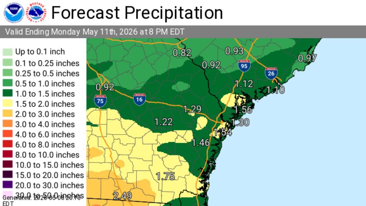 Southeast Georgia and Southeast South Carolina Face Scattered Showers Saturday With Widespread Rain and Storms Sunday Night Through Monday and Up to 2.49 Inches Through May 11
