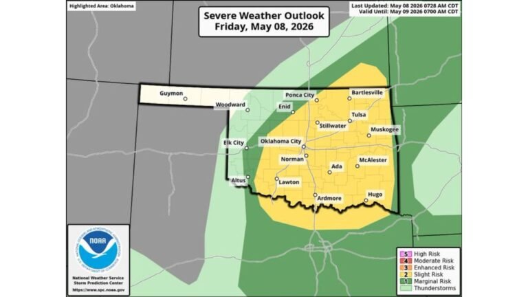 Southeast Kansas, Oklahoma, and North Texas Face Slight Risk of Supercells With Large Hail, Damaging Winds, and Tornado Threat Friday May 8
