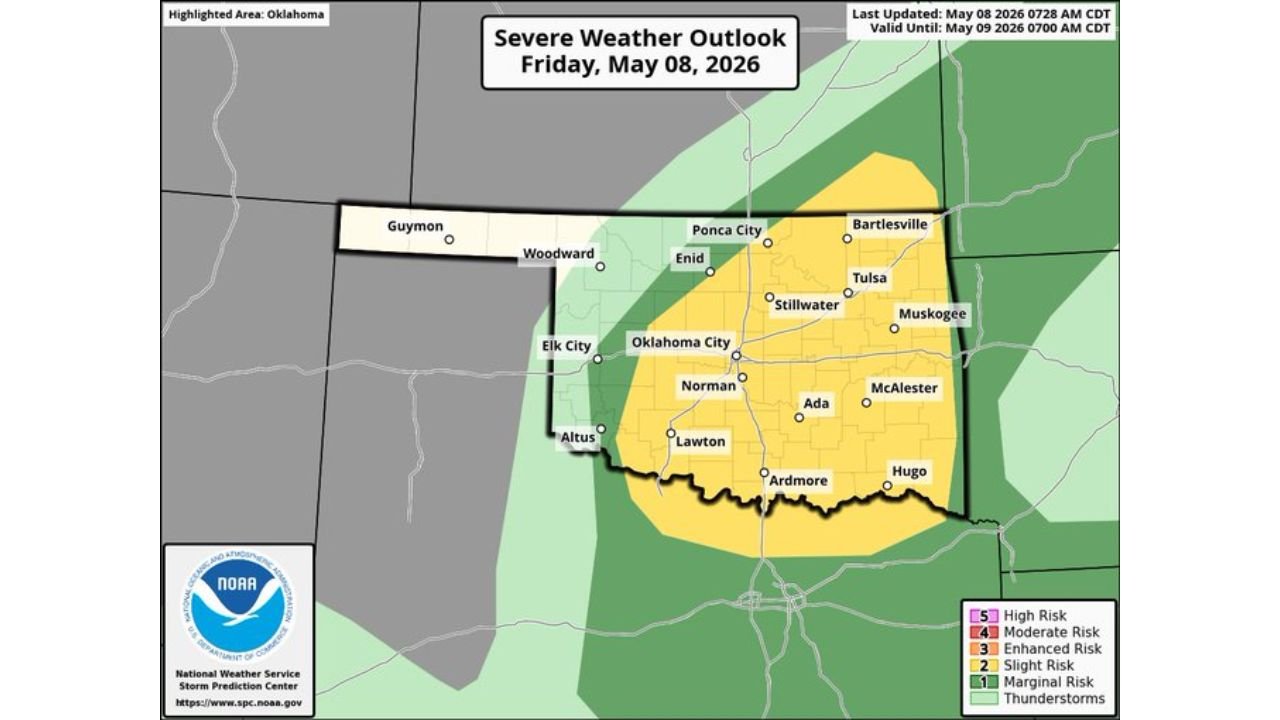 Southeast Kansas, Oklahoma, and North Texas Face Slight Risk of Supercells With Large Hail, Damaging Winds, and Tornado Threat Friday May 8