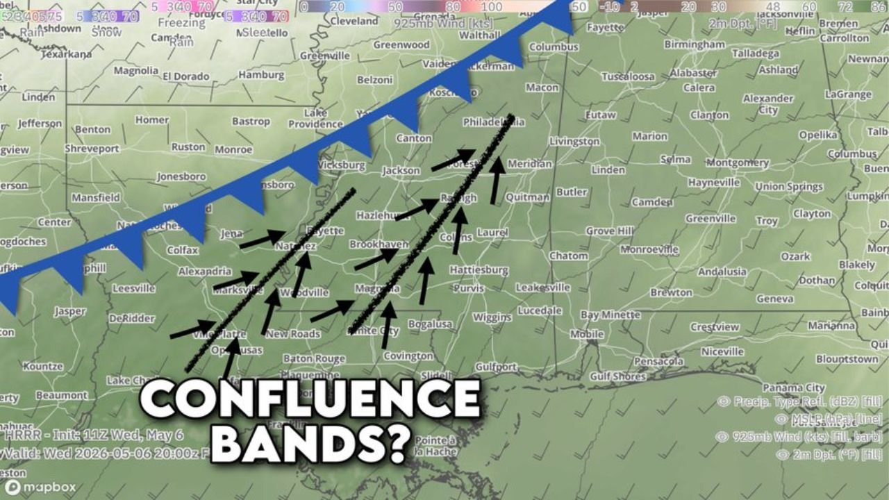 Southern Mississippi Faces Possible Supercell Development Wednesday as Confluence Bands Could Trigger Storms Ahead of the Cold Front