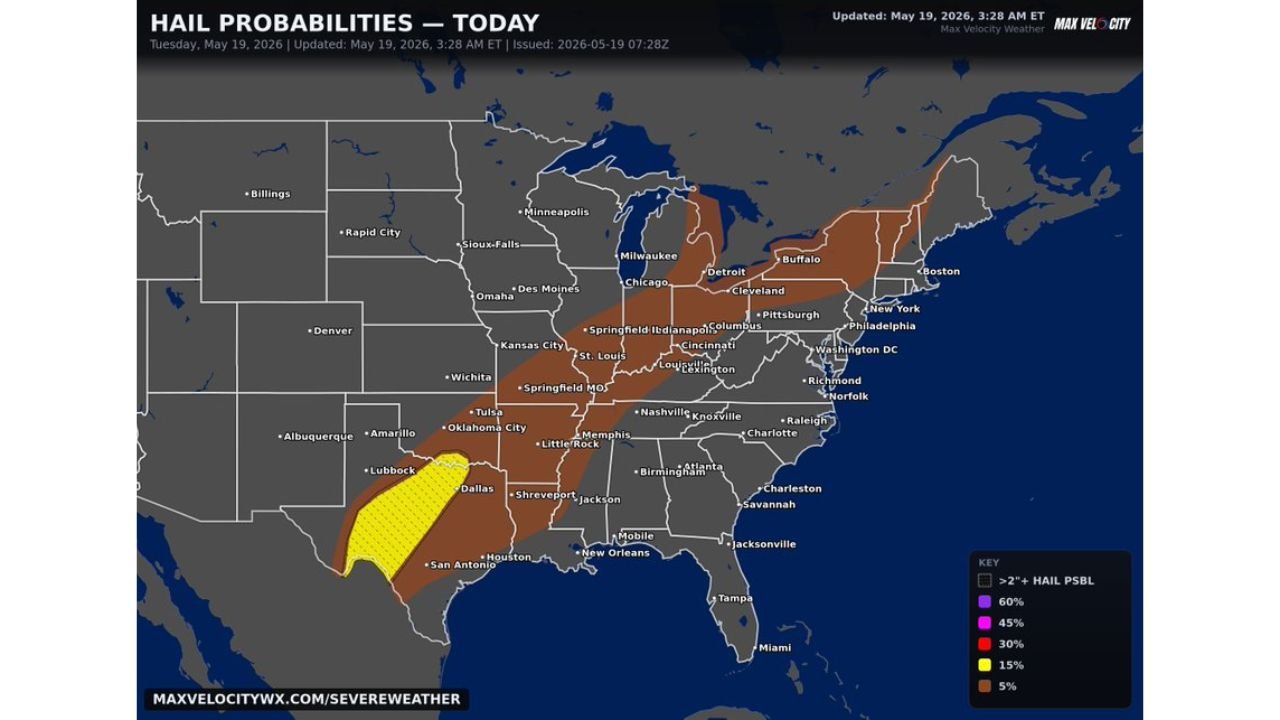 Supercells Targeting Dallas Abilene and San Angelo With 2 to 3 Inch Hail Late Tuesday as 15 Percent Hail Probability Zone Fires Across West and Central Texas