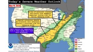 Supercells With Very Large Hail and Damaging Winds Targeting West and Southwest Texas Including Lubbock Abilene and Wichita Falls While Line Storms Fire Damaging Wind Threat From Missouri to the Great Lakes Tuesday May 19