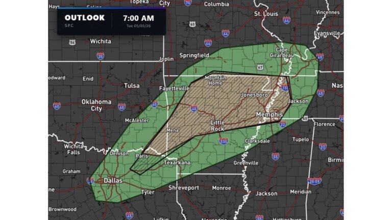 Texas, Arkansas, Tennessee and Missouri Face Elevated Tornado Threat Tuesday With Strong Tornadoes Possible Mainly Between 5PM and 10PM