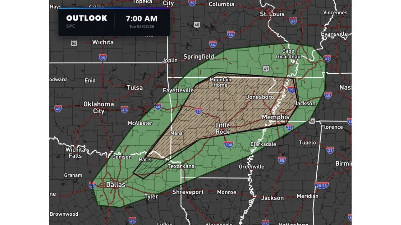 Texas, Arkansas, Tennessee and Missouri Face Elevated Tornado Threat Tuesday With Strong Tornadoes Possible Mainly Between 5PM and 10PM