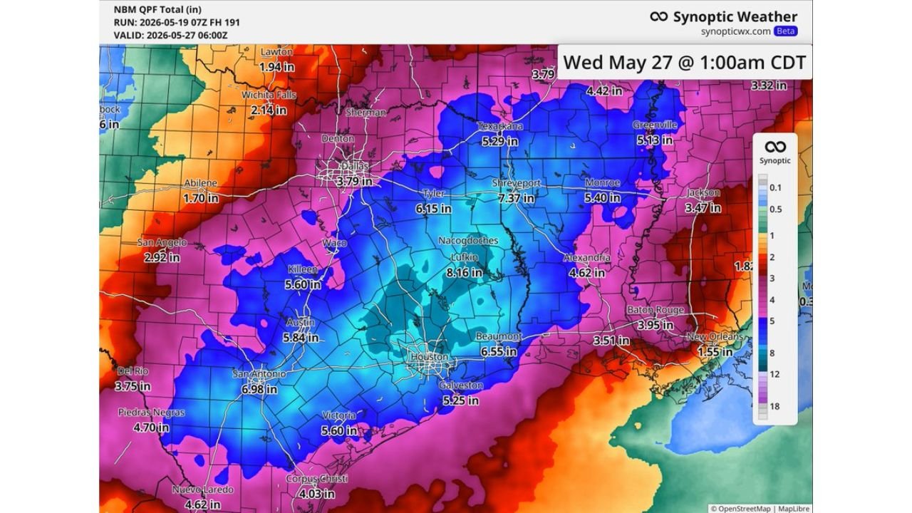 Texas Arkansas and Louisiana Facing Life-Threatening Flooding Over the Next Week With Up to 8 Inches of Rain Targeting Lufkin Shreveport Houston San Antonio and Tyler Through Wednesday May 27