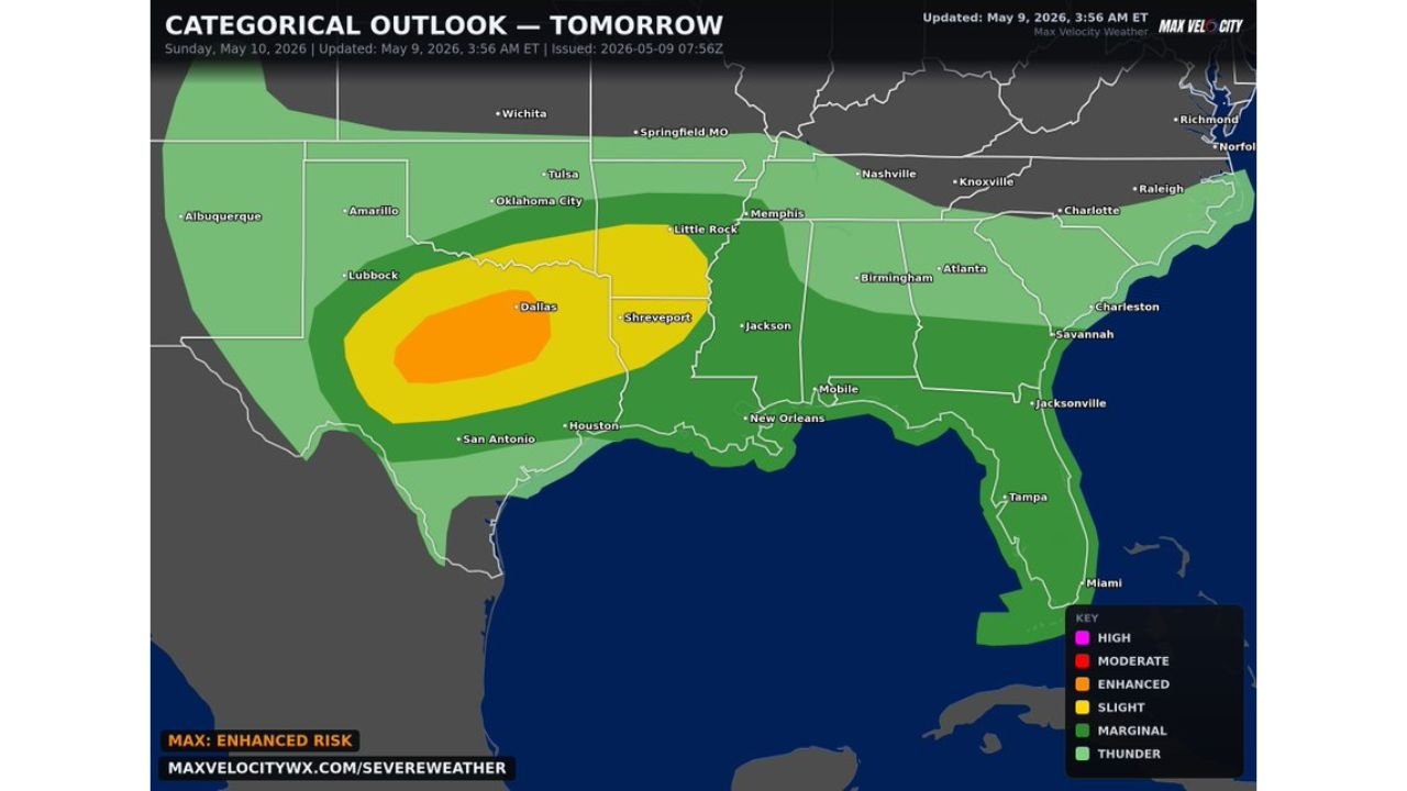 Texas Faces Enhanced Risk Severe Weather on Mother's Day Sunday May 10 With Very Large Hail Over 2 Inches, Winds Over 74 MPH, and Tornadoes Targeting Dallas, Houston, and Shreveport