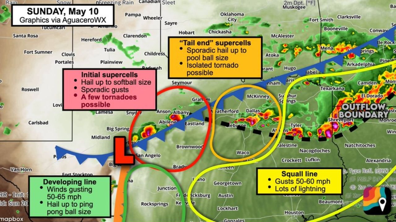 Abilene, Dallas, Austin, Houston, and San Angelo Face Widespread Severe Thunderstorms Sunday May 10 With Softball Size Hail, Tornadoes, and 65 MPH Winds