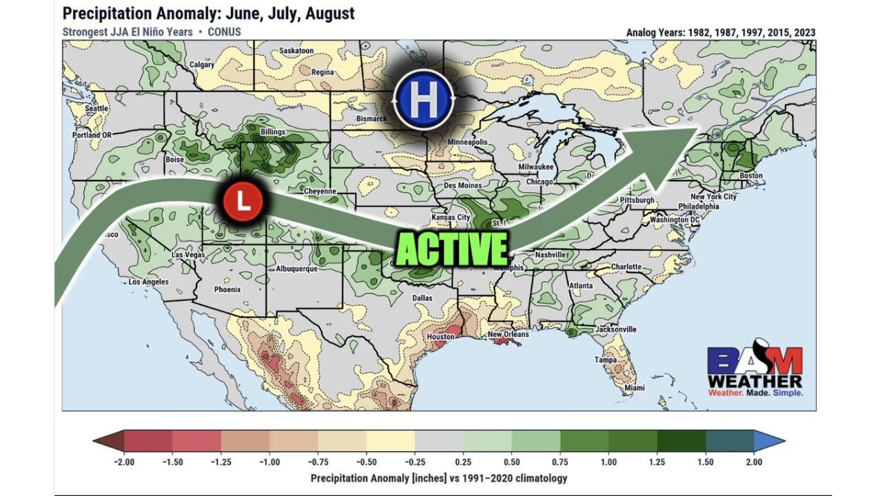 Texas, Kansas, Missouri, Tennessee and Ohio Valley Face Wetter Than Normal Summer as Strong El Nino Pattern Sets Up Active Jet Stream Through June, July and August