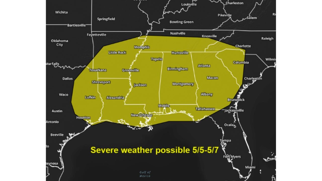 Texas, Louisiana, Mississippi, Alabama, Georgia and Tennessee Face Growing Severe Weather Threat May 5 Through May 7 With Tornadoes, Damaging Winds and Large Hail All Possible