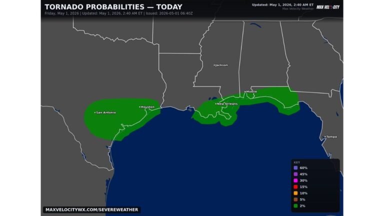 Texas, Louisiana, Mississippi, Alabama and Florida Gulf Coast Face Spin-Up Tornado Risk Today as Thunderstorm Line Moves Through
