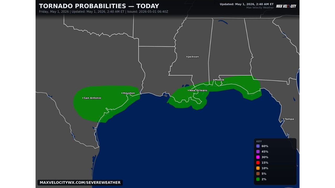 Texas, Louisiana, Mississippi, Alabama and Florida Gulf Coast Face Spin-Up Tornado Risk Today as Thunderstorm Line Moves Through