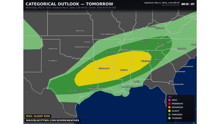 Texas, Louisiana, Mississippi and Alabama Face Slight Risk of Damaging Winds, Very Large Hail and Tornadoes Wednesday With More Significant Tornado Threat Possible if Storms Go Discrete