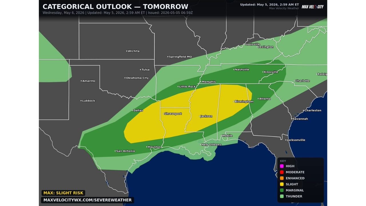 Texas, Louisiana, Mississippi and Alabama Face Slight Risk of Damaging Winds, Very Large Hail and Tornadoes Wednesday With More Significant Tornado Threat Possible if Storms Go Discrete