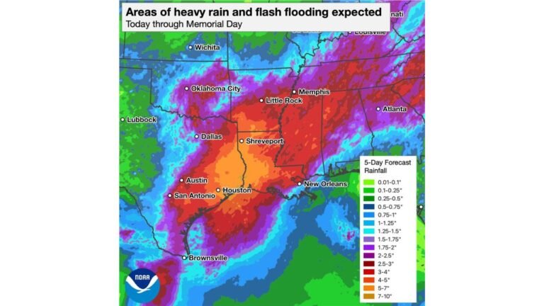Texas, Oklahoma, Arkansas, and Louisiana Face Flash Flooding and 5 to 7 Inches of Rain Through Memorial Day With Flood Watches Issued for Houston, San Antonio, Dallas, Shreveport, and Oklahoma City
