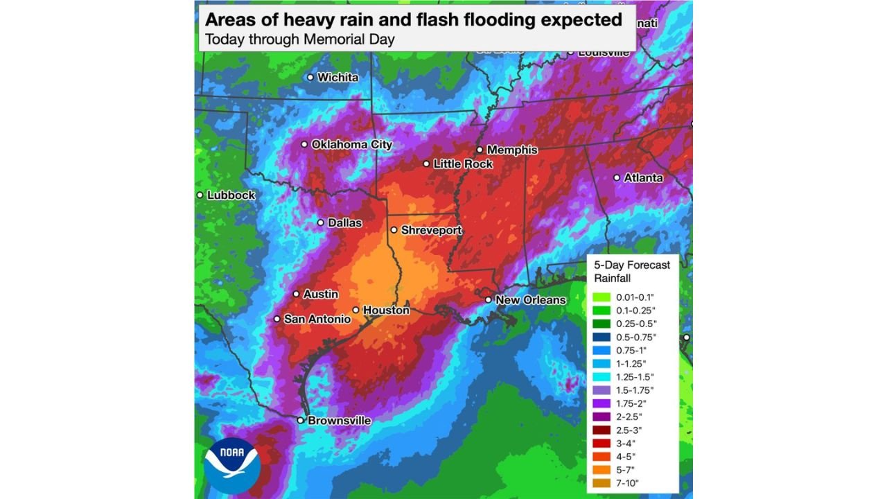 Texas, Oklahoma, Arkansas, and Louisiana Face Flash Flooding and 5 to 7 Inches of Rain Through Memorial Day With Flood Watches Issued for Houston, San Antonio, Dallas, Shreveport, and Oklahoma City