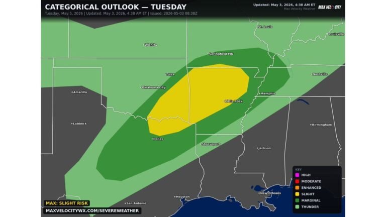 Texas, Oklahoma, Arkansas and Tennessee Face Supercells With Very Large Hail, Damaging Winds and Tornadoes Possible Tuesday Afternoon and Evening From Dallas to Memphis