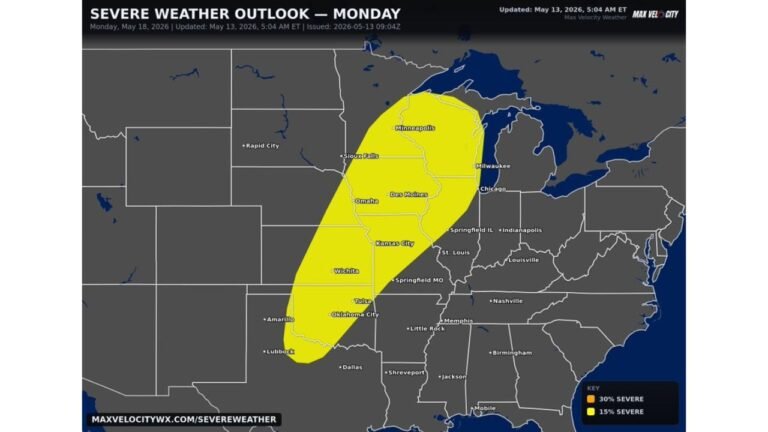 Texas, Oklahoma, Kansas, Iowa, Wisconsin and Minnesota Face a Large Severe Weather Outbreak With Multiple Tornadoes, Very Large Hail and Damaging Winds Likely From Wichita to Minneapolis Monday May 18