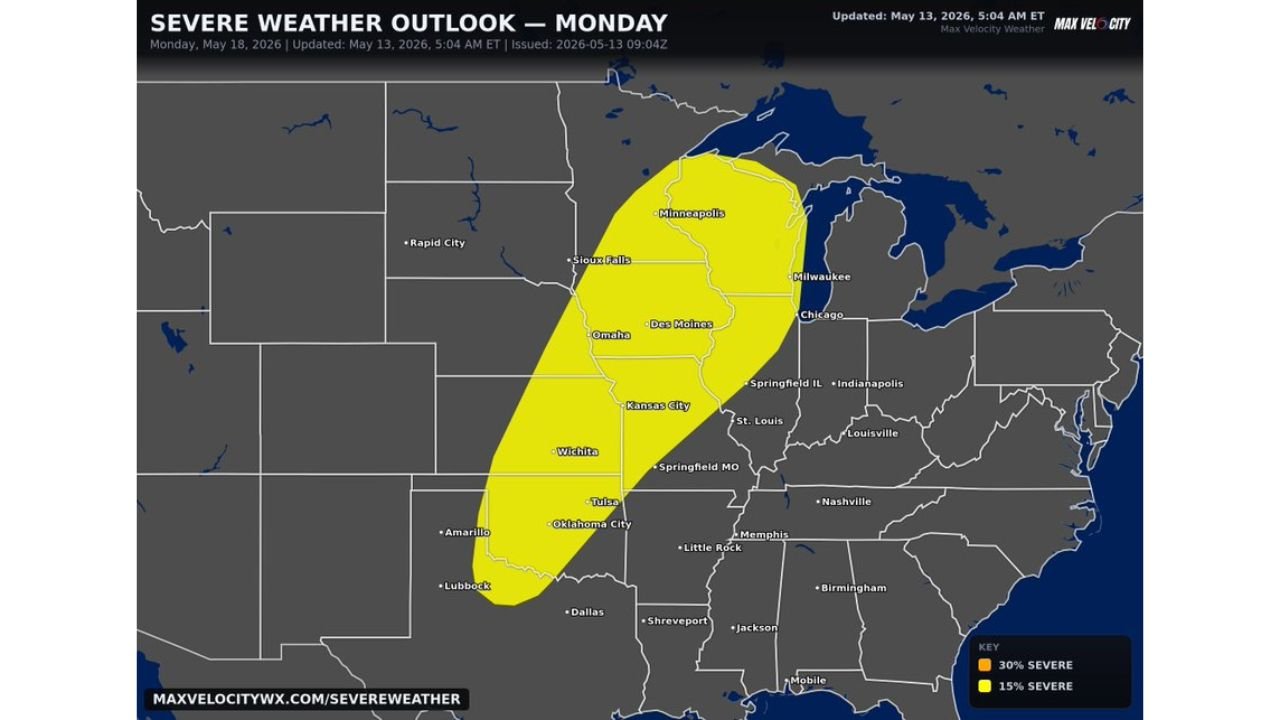 Texas, Oklahoma, Kansas, Iowa, Wisconsin and Minnesota Face a Large Severe Weather Outbreak With Multiple Tornadoes, Very Large Hail and Damaging Winds Likely From Wichita to Minneapolis Monday May 18