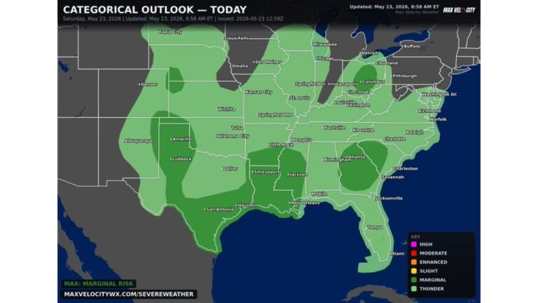 Texas, Oklahoma, Louisiana, Ohio, Georgia, and the Carolinas Face Isolated Damaging Winds, Large Hail, and Tornadoes Saturday May 23 as Memorial Day Weekend Storms Fire From Texas to New Jersey