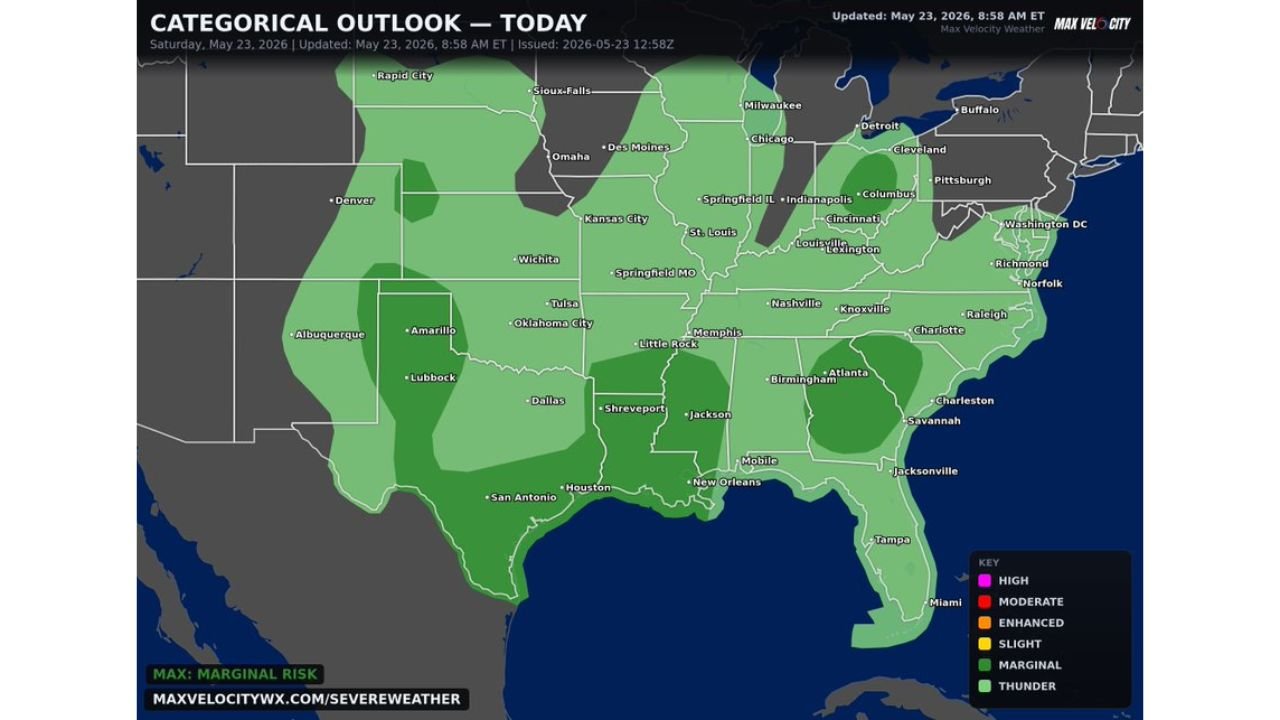 Texas, Oklahoma, Louisiana, Ohio, Georgia, and the Carolinas Face Isolated Damaging Winds, Large Hail, and Tornadoes Saturday May 23 as Memorial Day Weekend Storms Fire From Texas to New Jersey