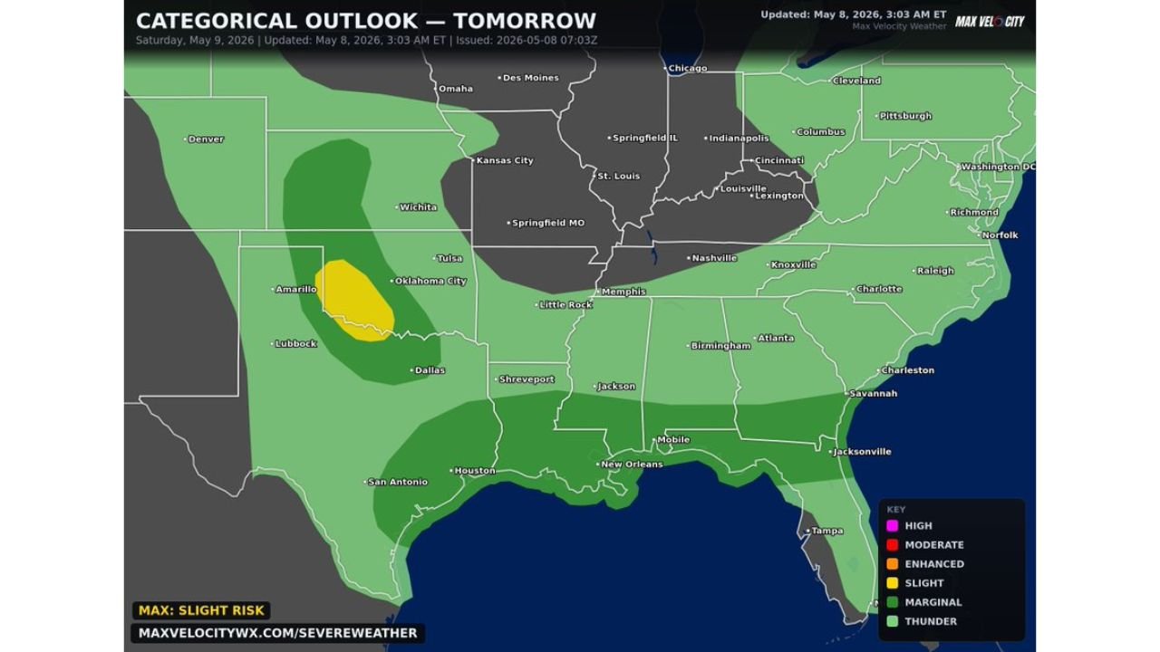 Texas, Oklahoma, and the Gulf Coast Face Continuing Severe Weather Saturday With Damaging Winds, Large Hail, and Brief Tornado Possible on May 9