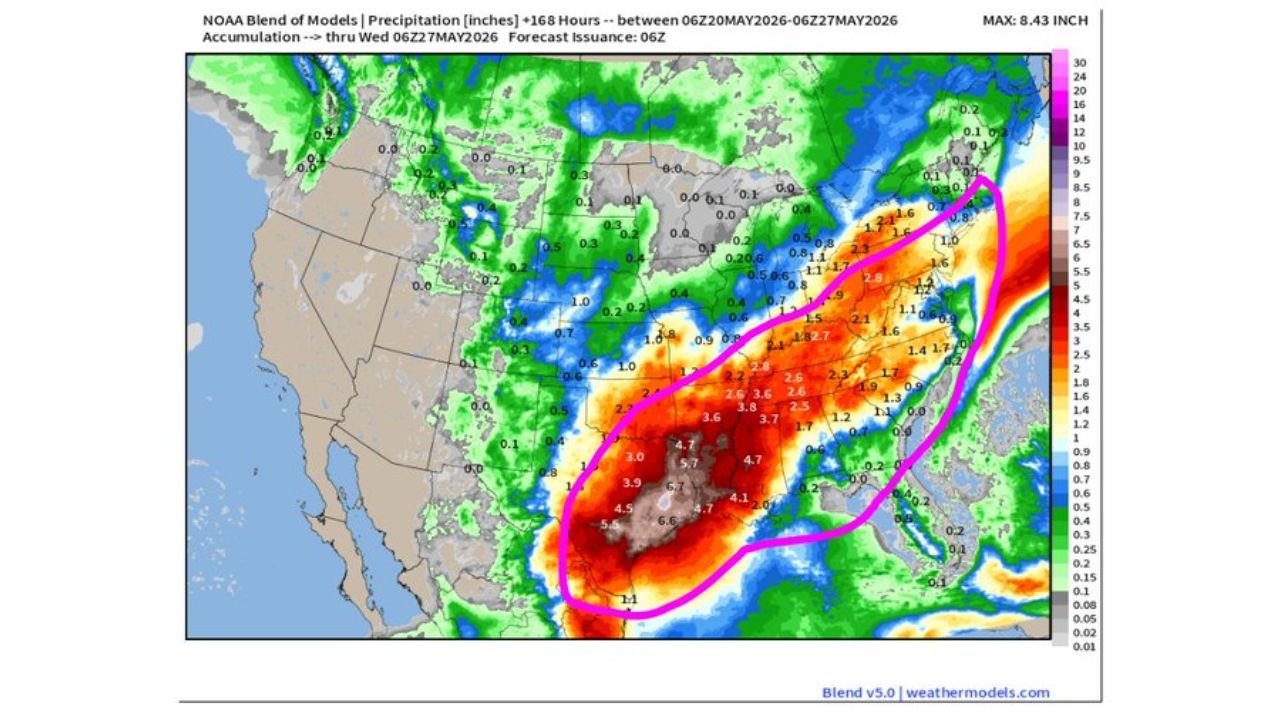 Texas Through the Tennessee Valley and Mid-Atlantic to Receive Up to 8 Inches of Drought-Busting Rain Over the Next 7 Days Through May 27 With Texas Facing the Heaviest Totals