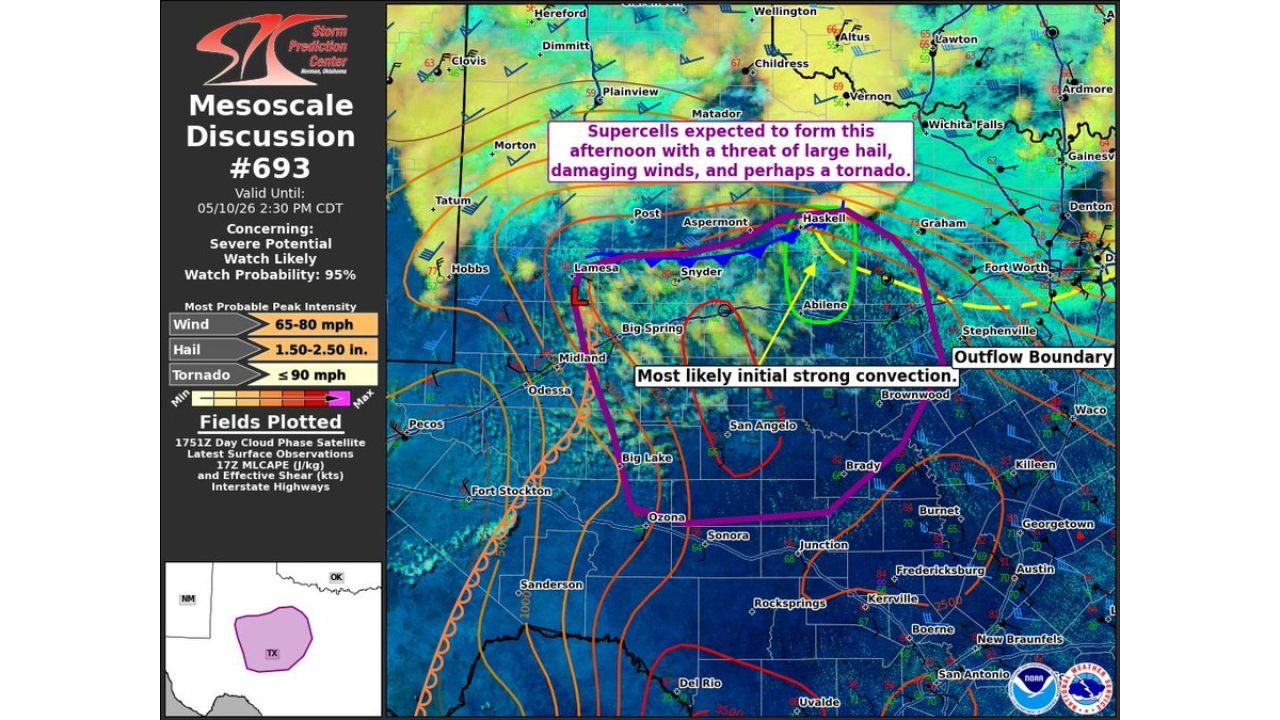 This Afternoon, Abilene, Big Spring, Midland, and Snyder Face 95% Watch Probability as SPC Issues Mesoscale Discussion With 80 MPH Winds, 2.50-Inch Hail, and Tornado Threat Valid Until 2:30 PM CDT