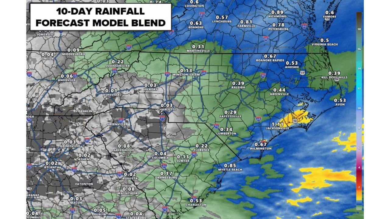 This Weekend and Next Week, Charlotte, Raleigh, Wilmington, Asheville, and Columbia Head Back Into a Warm Dry Pattern With Highs Near 90 and Barely Any Rain in the 10-Day Forecast