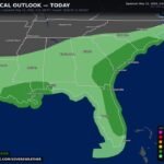 Today From 1 to 7 PM, Atlanta, Birmingham, Charlotte, Jacksonville, New Orleans, and Houston Face Damaging Winds, Large Hail, and a Low Tornado Risk as Severe Weather Continues Across the Southeast