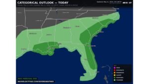Today From 1 to 7 PM, Atlanta, Birmingham, Charlotte, Jacksonville, New Orleans, and Houston Face Damaging Winds, Large Hail, and a Low Tornado Risk as Severe Weather Continues Across the Southeast