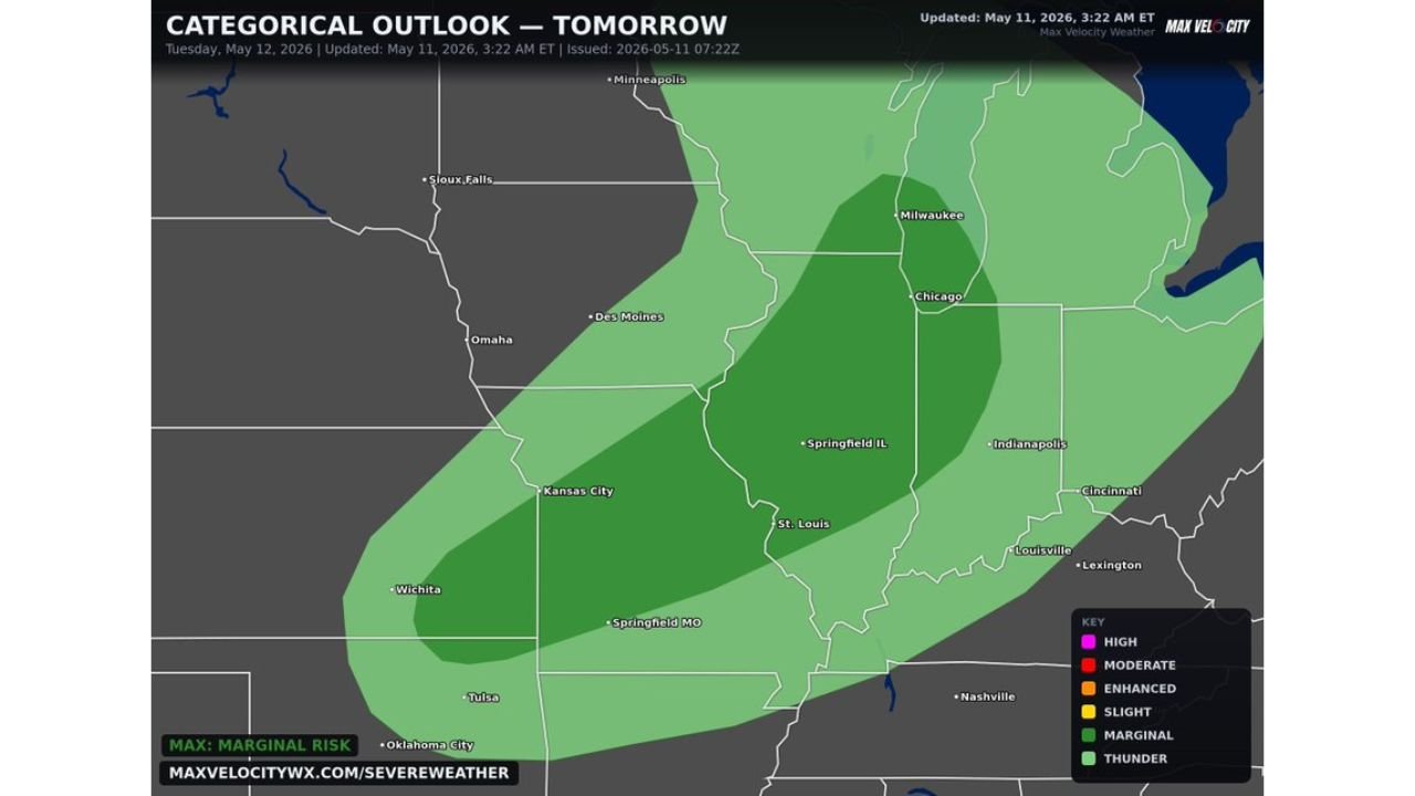 Tomorrow, Chicago, St. Louis, Indianapolis, Milwaukee, and Kansas City Face Large Hail, Damaging Winds, and a Brief Tornado Risk as Severe Weather Pushes Across the Midwest Tuesday
