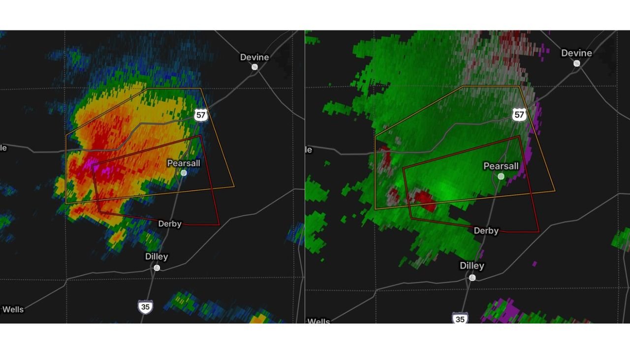 Tornado-Warned Rotating Supercell Targets Pearsall and Derby Texas With Tennis Ball Hail and Potential Tornado Crossing I-35 Southwest of San Antonio Now