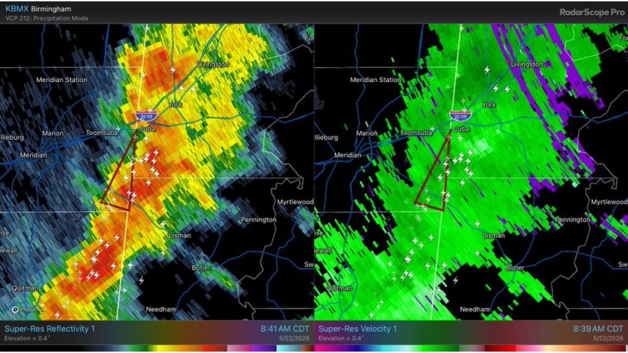 Tornado Warning Issued for Small Portion of Lauderdale County, Mississippi Friday May 22 but Will Not Expand Into West Alabama as Radar Shows No Evidence of Rotation