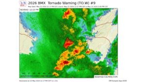 Tornado Warning Issued for Tuscaloosa, Alabama Until 1:00 PM CDT Friday May 22 as Birmingham NWS Detects Radar Indicated Tornado Take Shelter NowTUSCALOOSA, ALABAMA — The National Weather Service in Birmingham has issued Tornado Warning Number 9 for Tuscaloosa, Alabama, valid from 12:17 PM CDT through 1:00 PM CDT on Friday, May 22, 2026. The tornado is radar indicated, with hail up to 0.75 inches also possible with this storm. Anyone inside the warning area has less than 45 minutes to get to shelter. Act now.The Warning Is Active Right Now