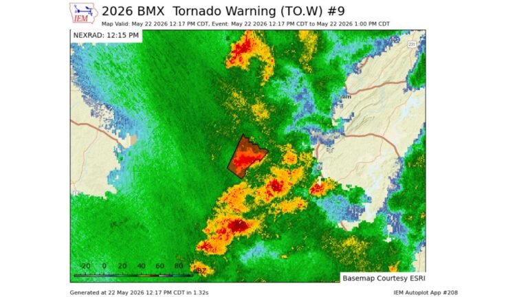 Tornado Warning Issued for Tuscaloosa, Alabama Until 1:00 PM CDT Friday May 22 as Birmingham NWS Detects Radar Indicated Tornado Take Shelter Now