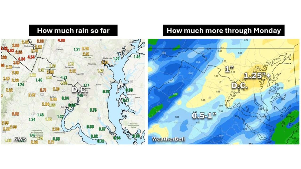 Washington DC, Maryland, and Virginia Already Logged 1 to 4 Inches of Drought-Busting Rain Since Wednesday With Another Inch Possible Through Memorial Day Monday as Weekend Stays Unsettled