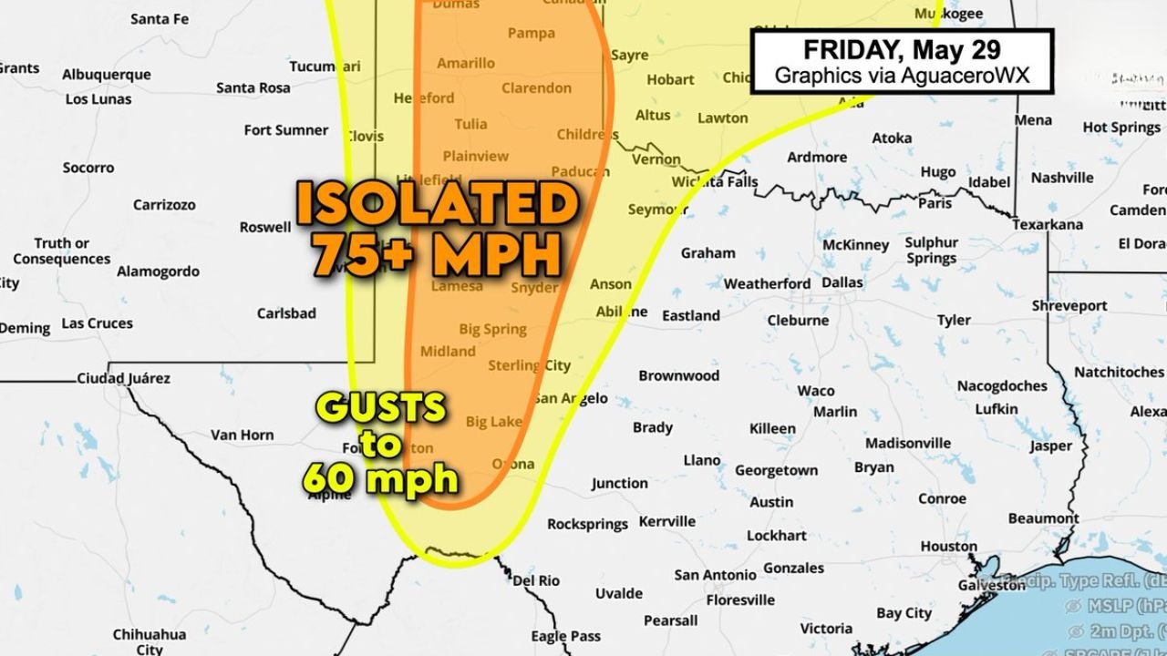 West Texas Including Midland, Amarillo and Lubbock Face Isolated 75 MPH Dry Downburst Threat Under Level 2 Slight Risk Friday May 29