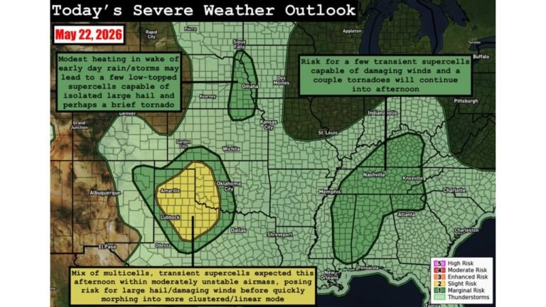 West Texas and Western Oklahoma Face Large Hail and Damaging Winds Friday May 22 While Eastern Nebraska, Tennessee, and the Southeast Battle Tornadoes and Supercells Throughout the Day
