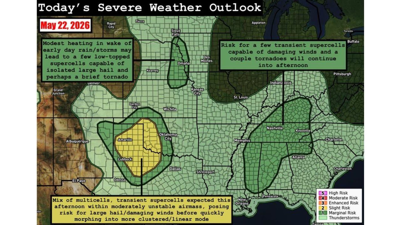 West Texas and Western Oklahoma Face Large Hail and Damaging Winds Friday May 22 While Eastern Nebraska, Tennessee, and the Southeast Battle Tornadoes and Supercells Throughout the Day