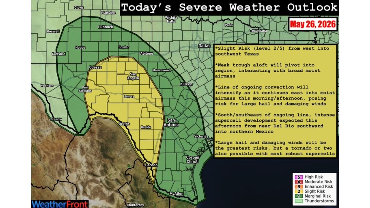 West and Southwest Texas Face Slight Risk Severe Weather Today With Large Hail, Damaging Winds, and Isolated Tornadoes as Supercell Development Targets Del Rio Southward