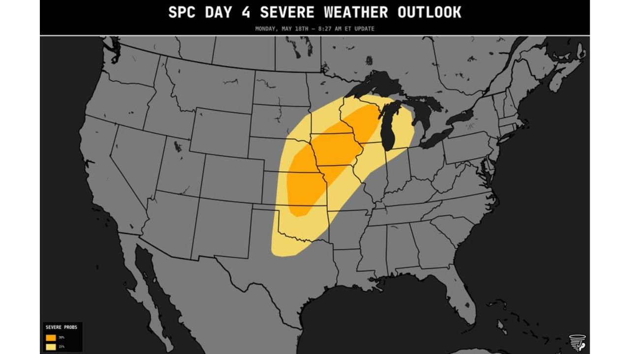 Wisconsin, Iowa, Illinois, Kansas and Oklahoma Face a Large 30% Enhanced Level 3 Outbreak Risk With Strong and Intense Tornadoes Likely From Northern Wisconsin to Northern Oklahoma Monday May 18
