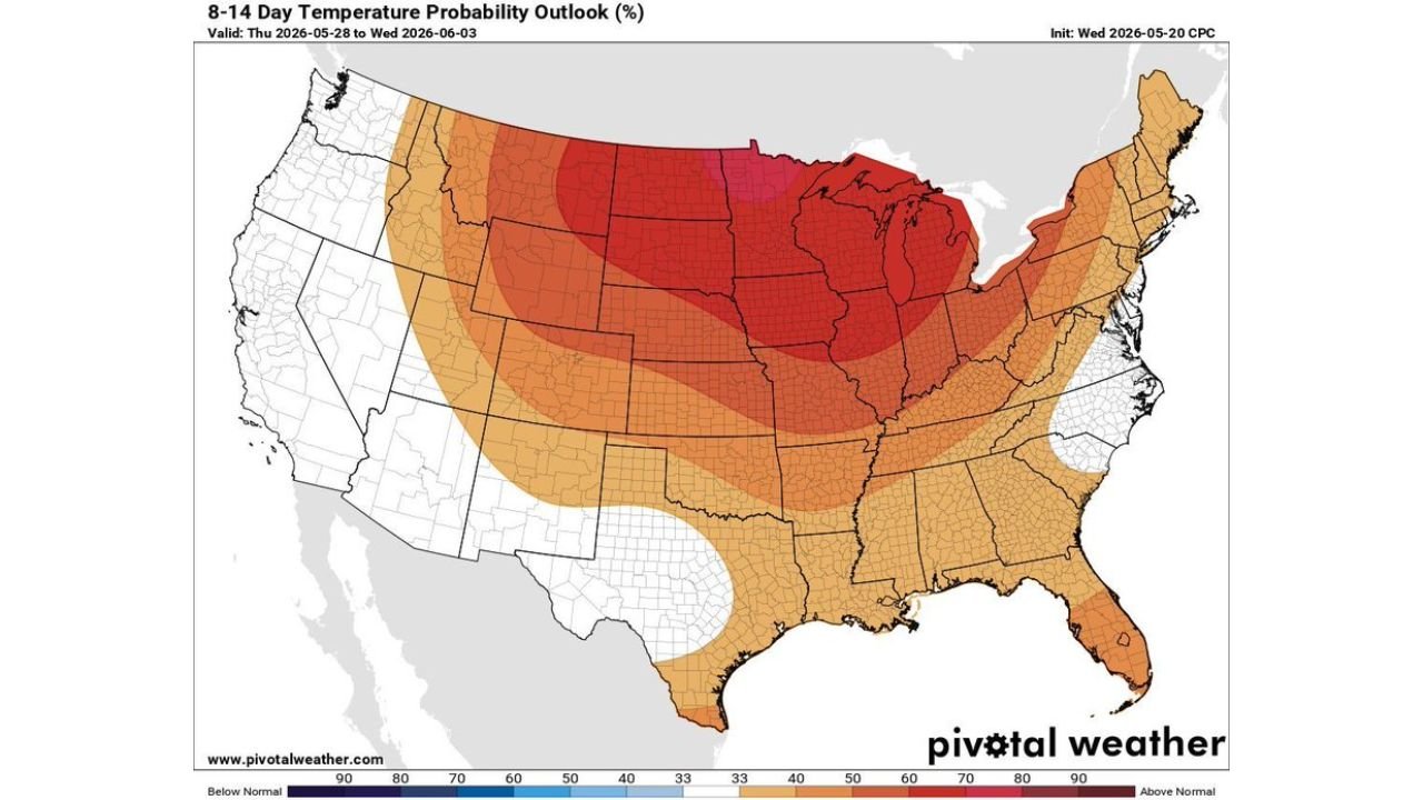 Wisconsin, Michigan, Illinois, Indiana, and Iowa Face 80 to 90 Percent Chance of Above Normal Temperatures From May 28 Through June 3 as Summer Heat Surges Across the Central and Eastern United States